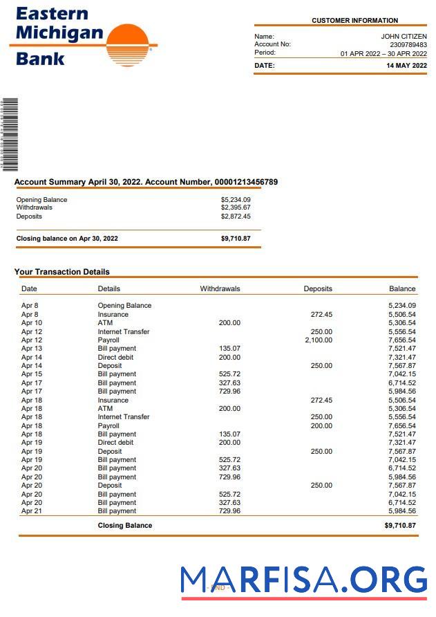 Blank USA Eastern Michigan bank statement word real example